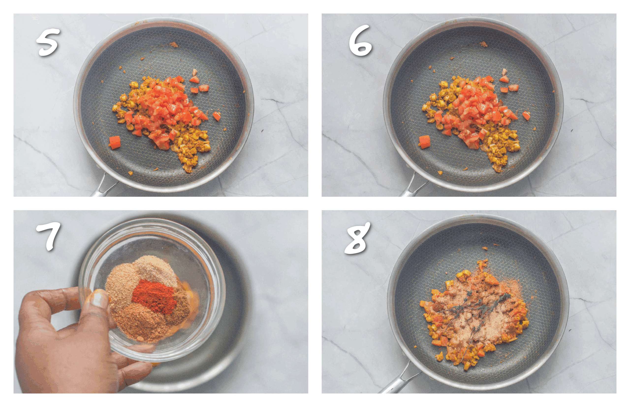step5-8 adding tomatoes, onions and spices