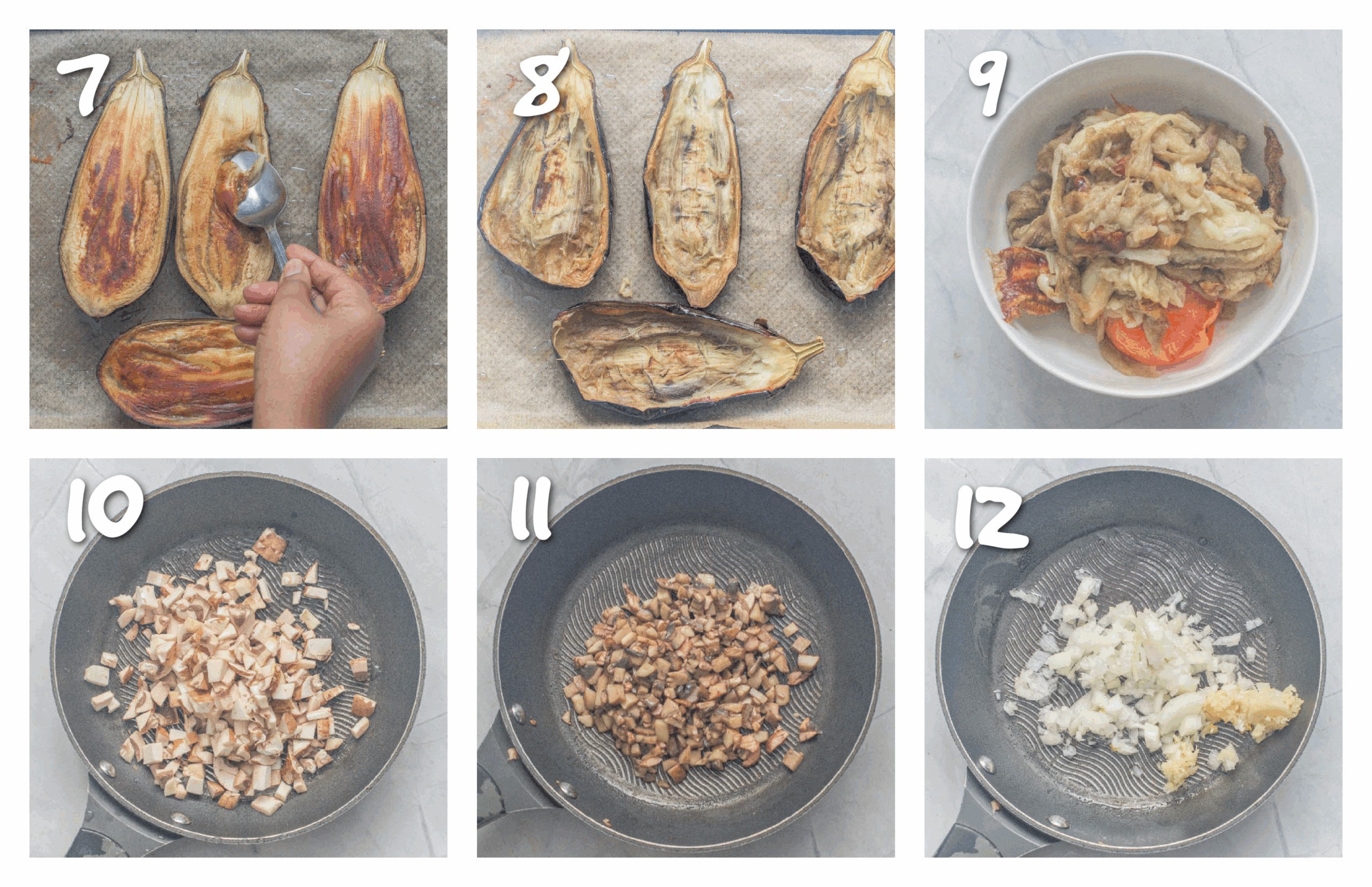 step7-12 scooping out the eggplant and sauteing the mushrooms