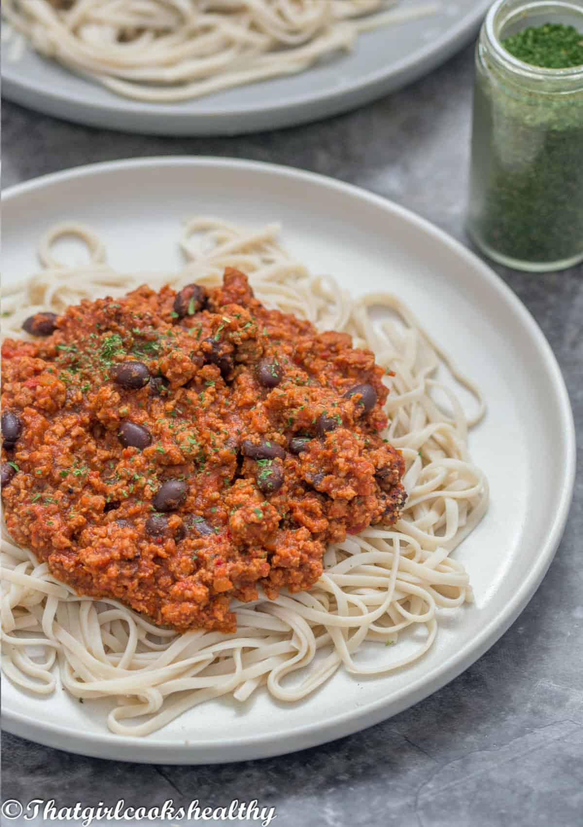 close up of the ground turkey and spaghetti
