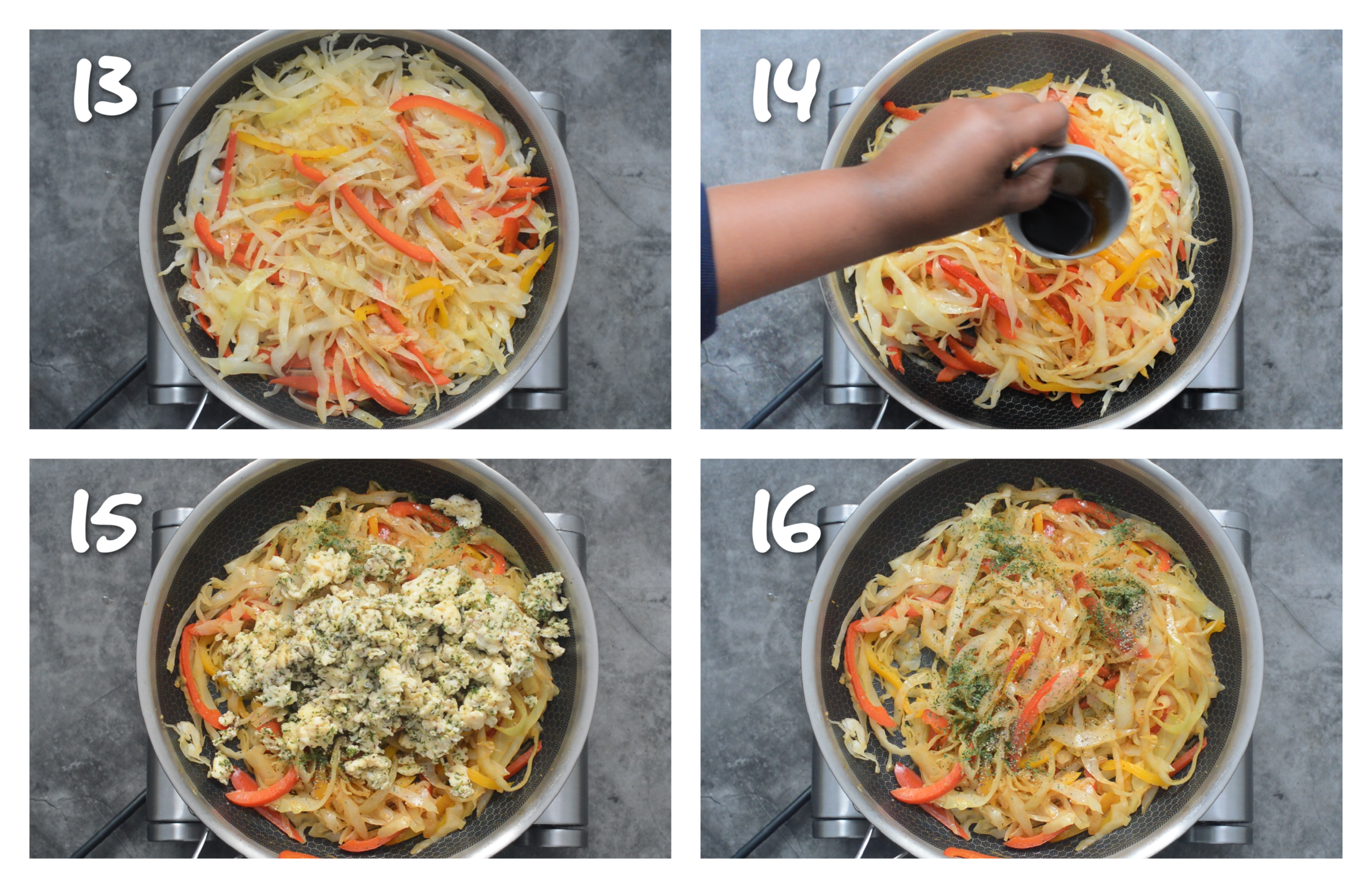 step13-16 adding the soya sauce, eggs and seasoning