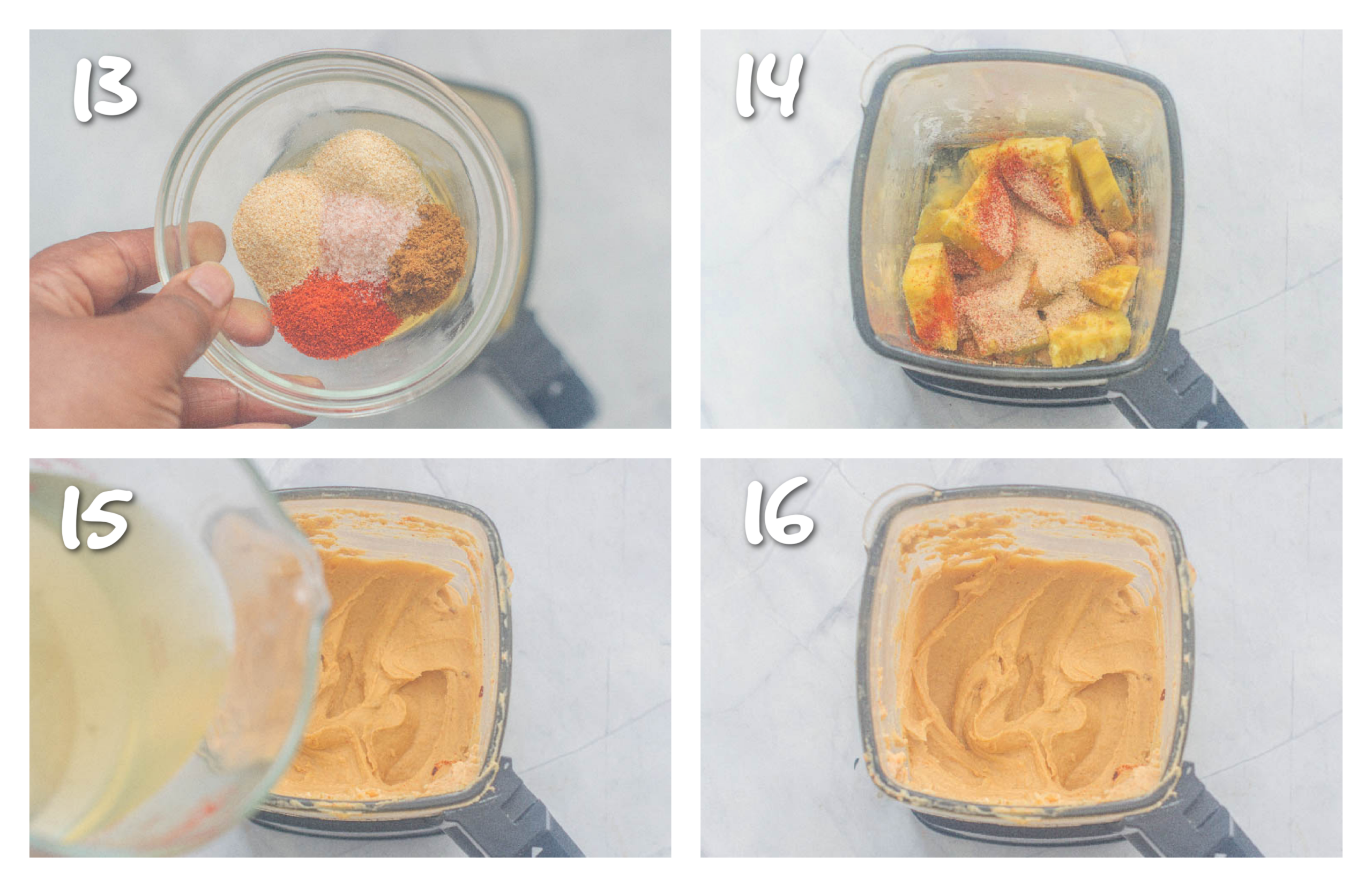 step13-16 adding the spices and chickpea liquid to the blender