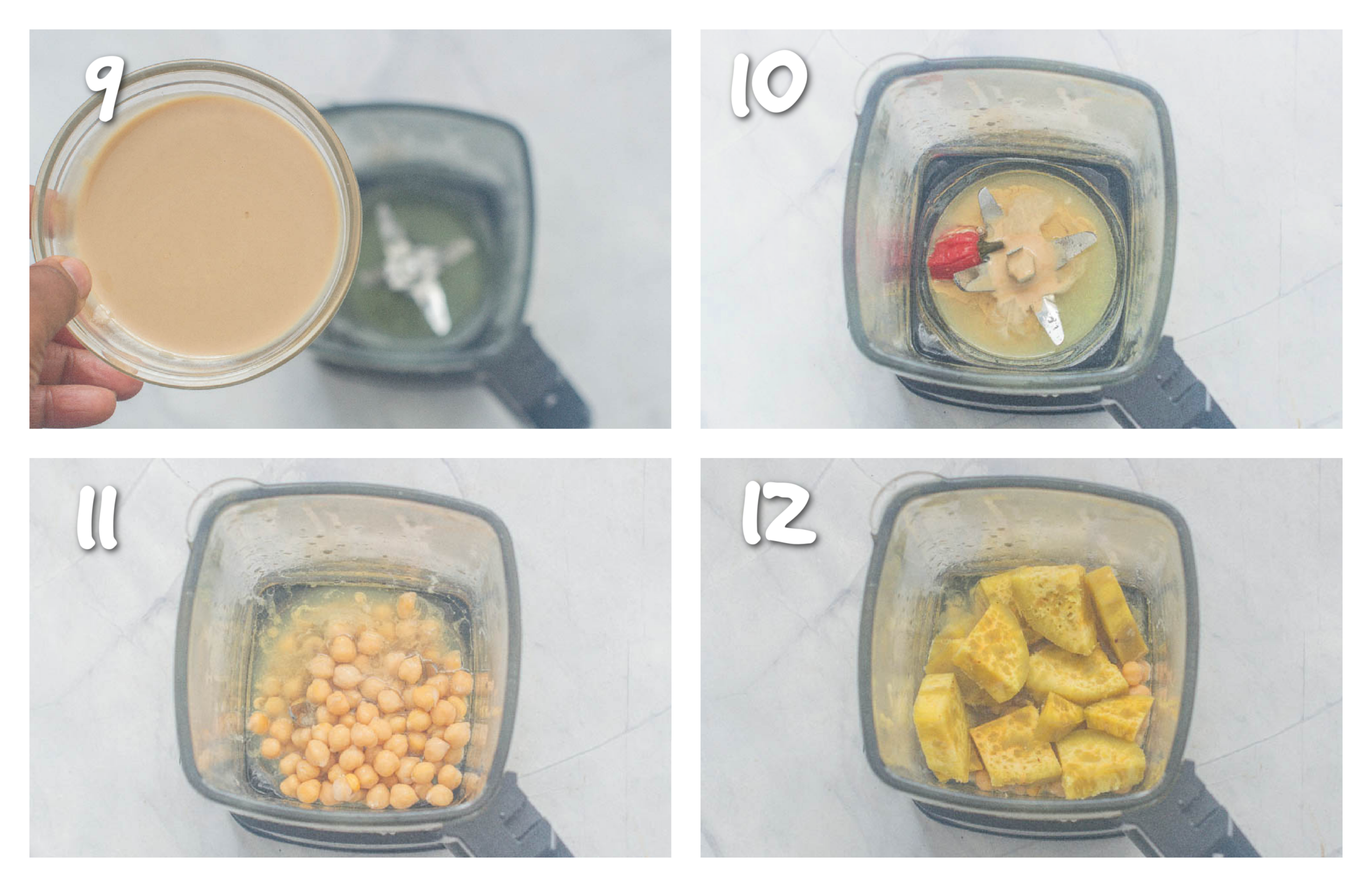 step9-12 adding tahini, scotch bonnet, chickpeas and sweet potato to the blender