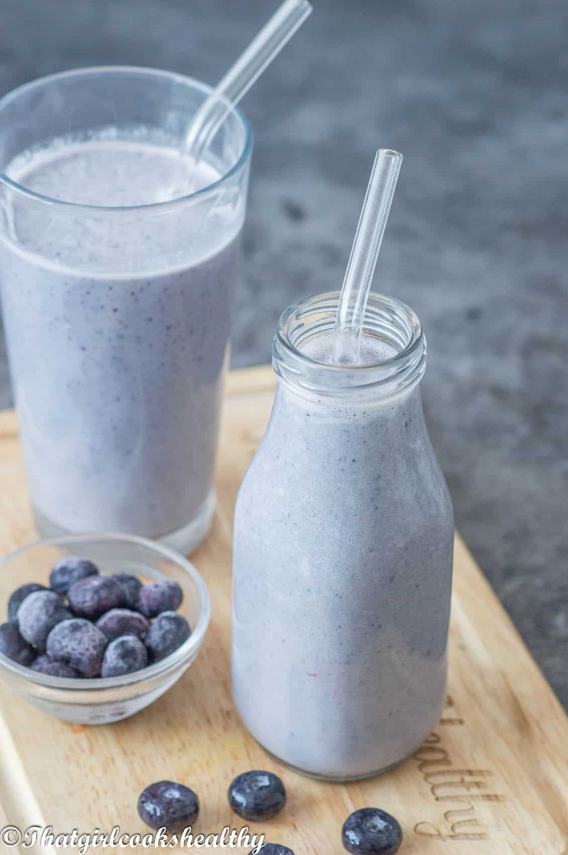 2 glasses of blueberry milk
