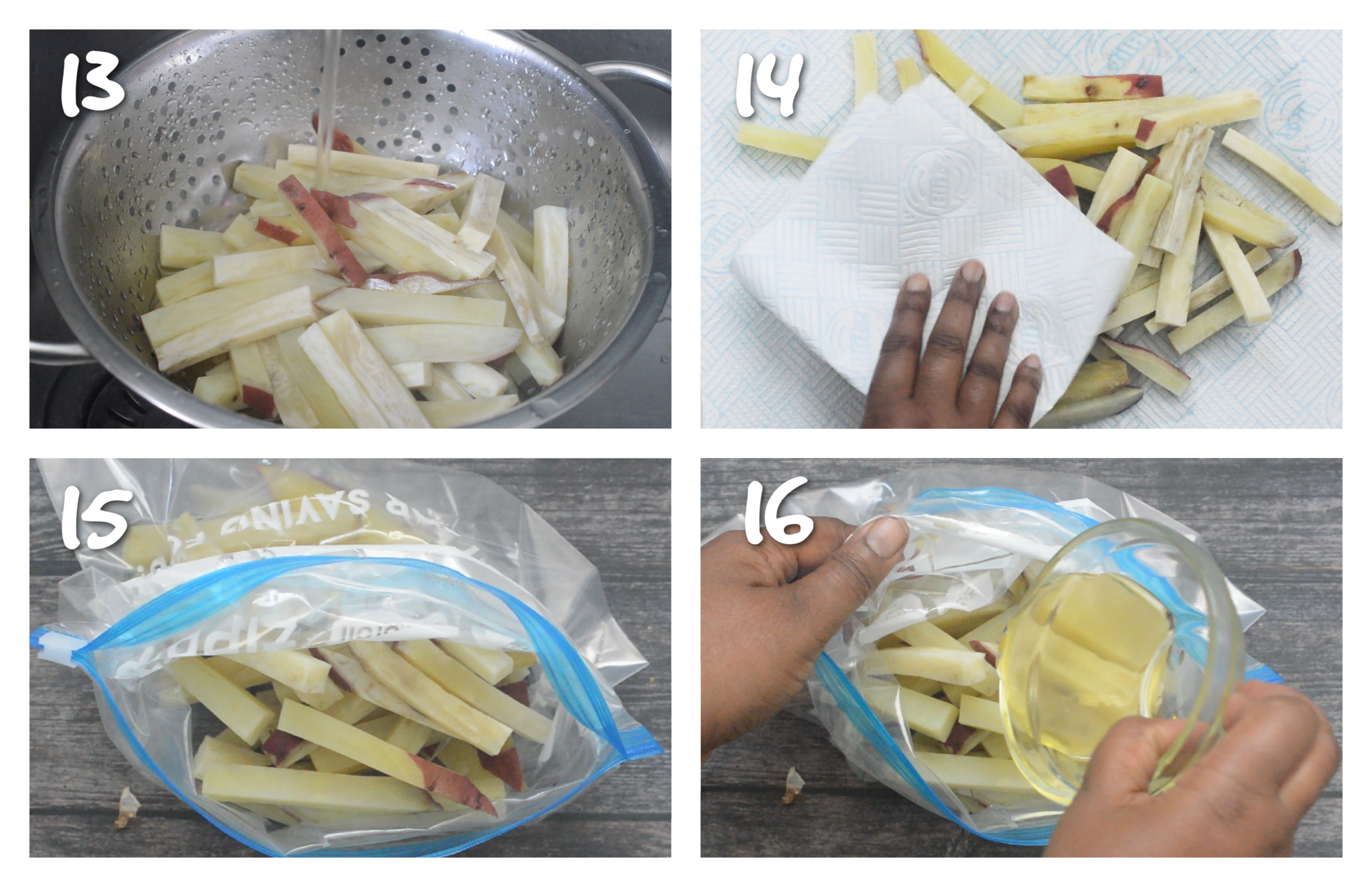 step13-16 drying the fries and adding oil