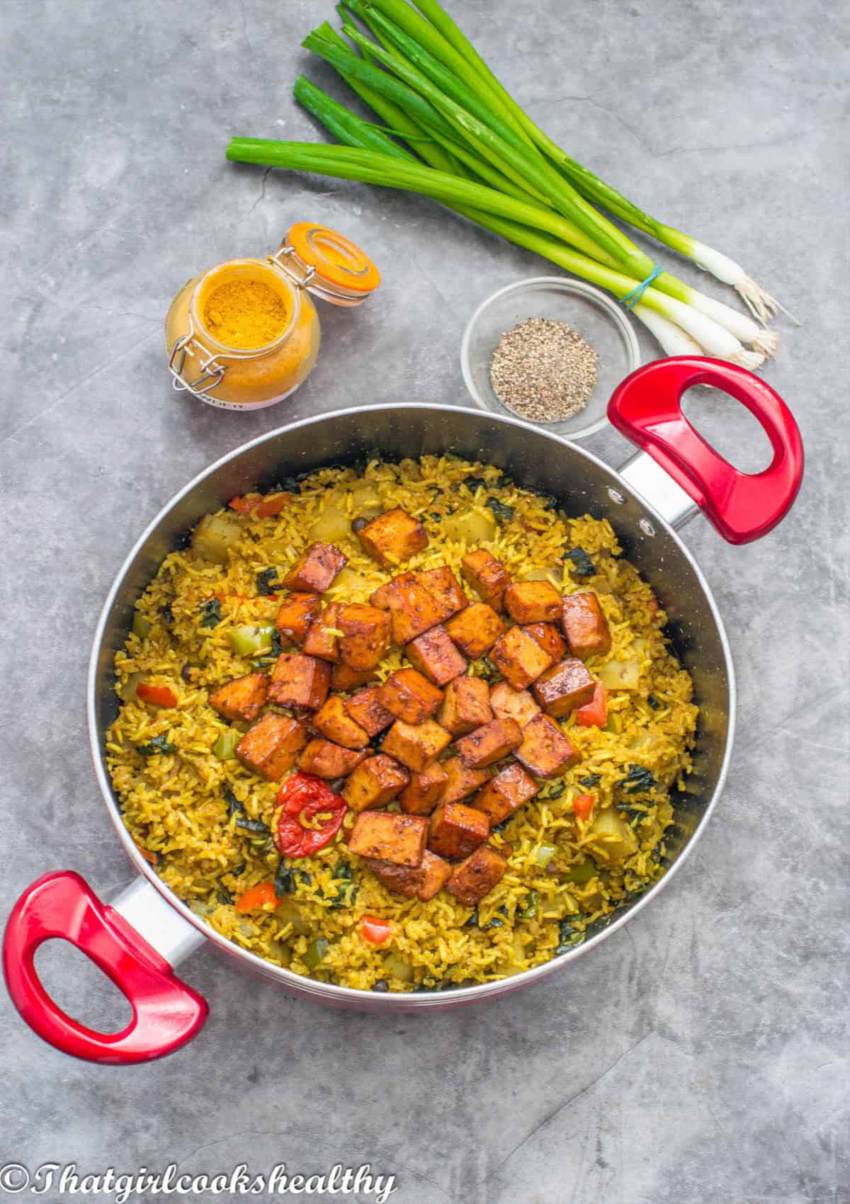 tofu topped on sweet potato rice