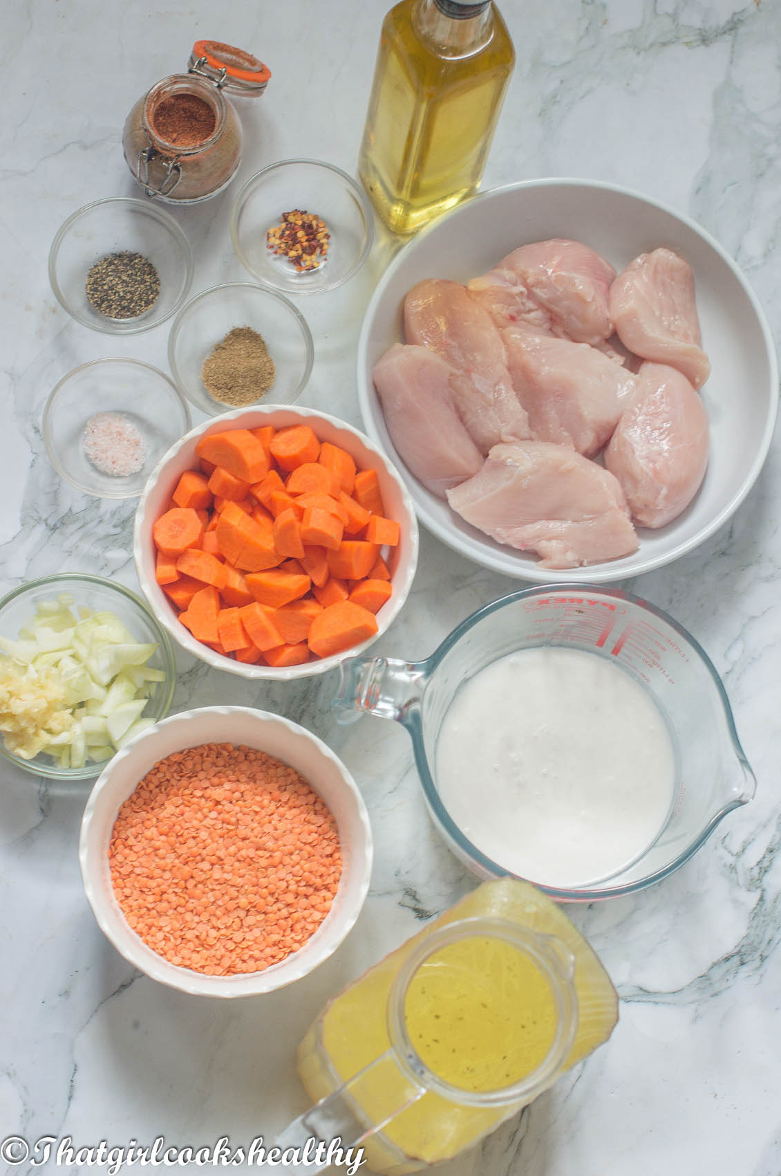 ingredients you will need for creamy red lentil and chicken soup