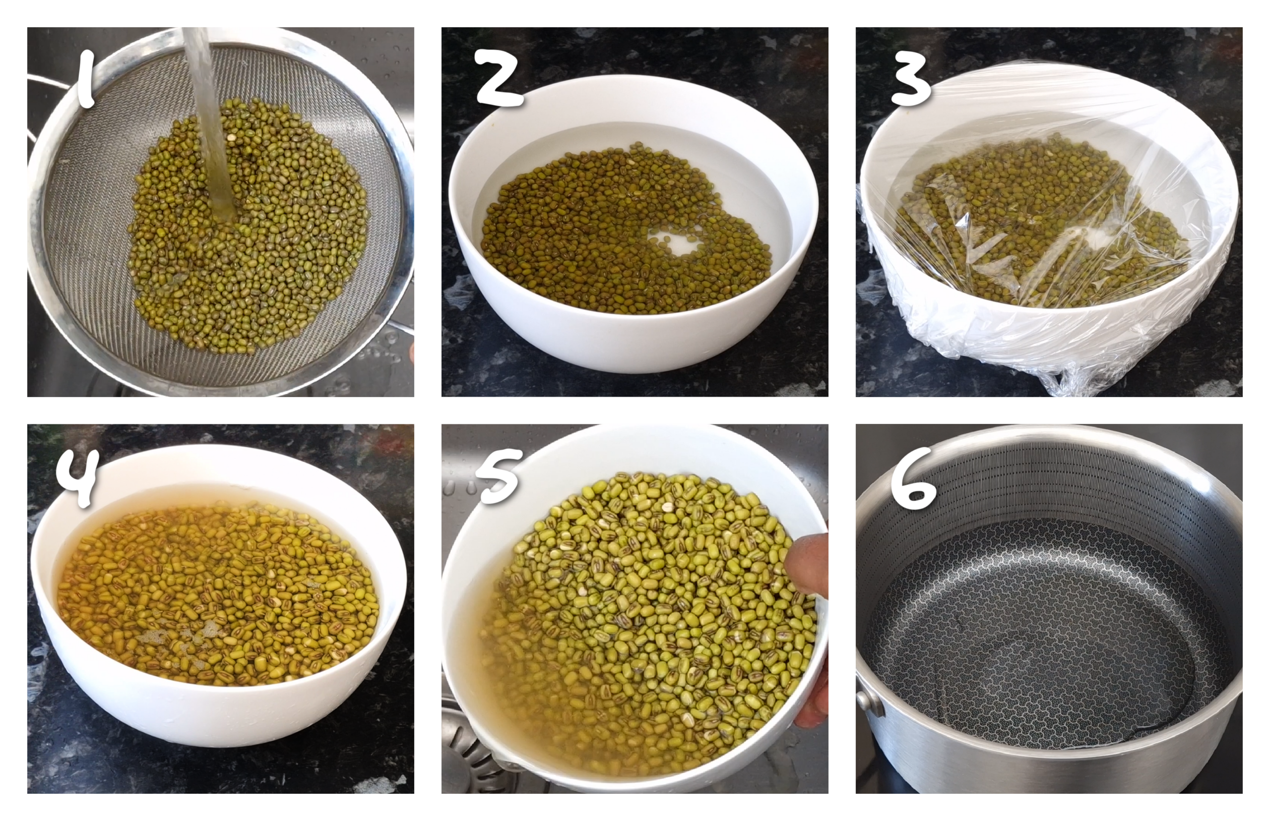 step1-6 soaking and rinsing the mung beans