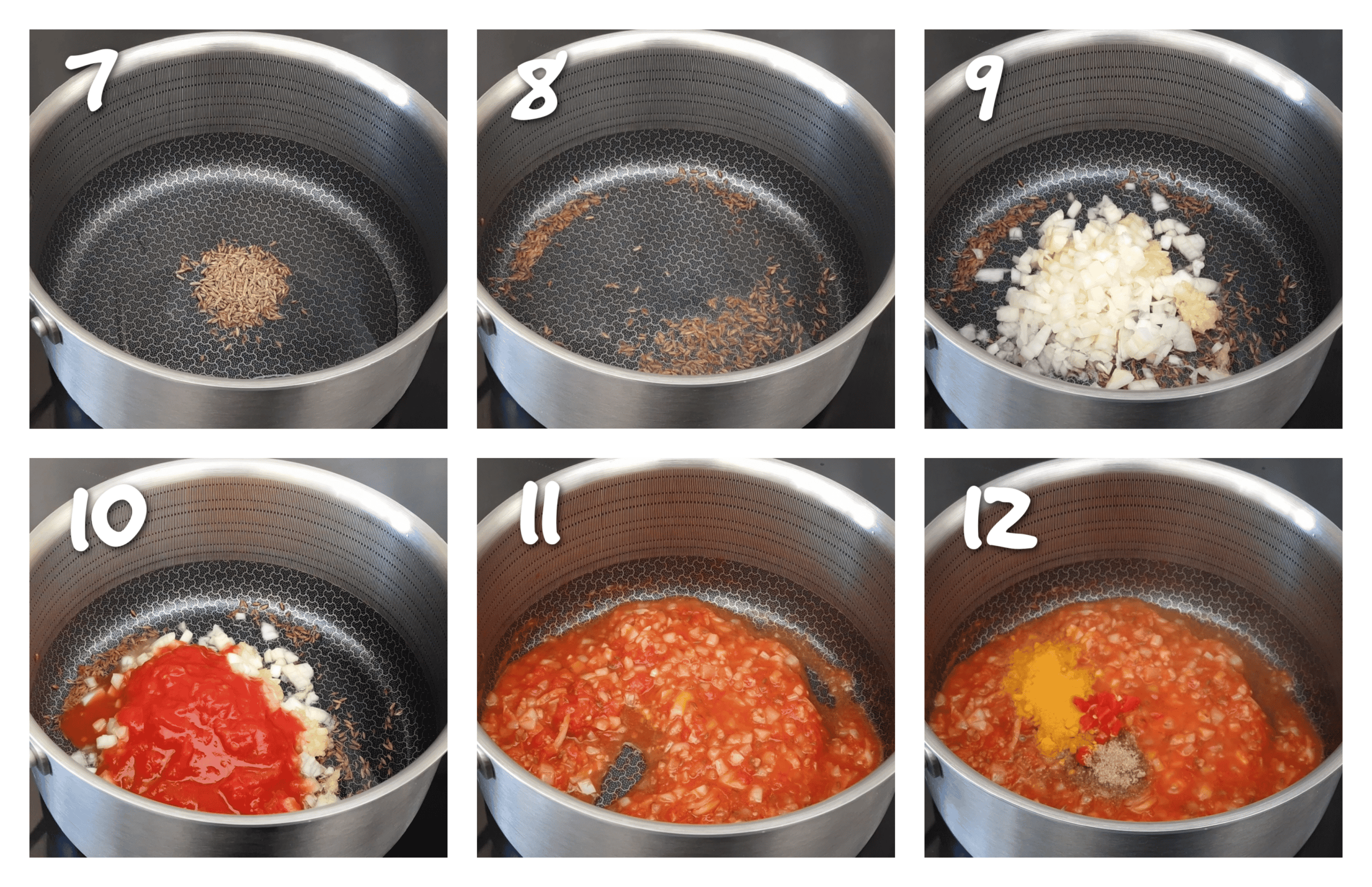 step7-12 toasting the spices and cooking the tomatoes